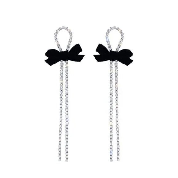 Long Rhinestone Drop Velvet Bow Earrings - Picture 5 of 5